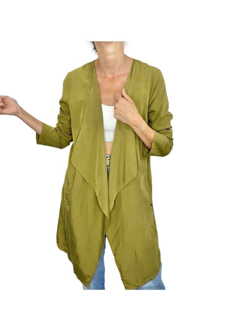Tom Tailor army green open front draped long flowy jacket coat S